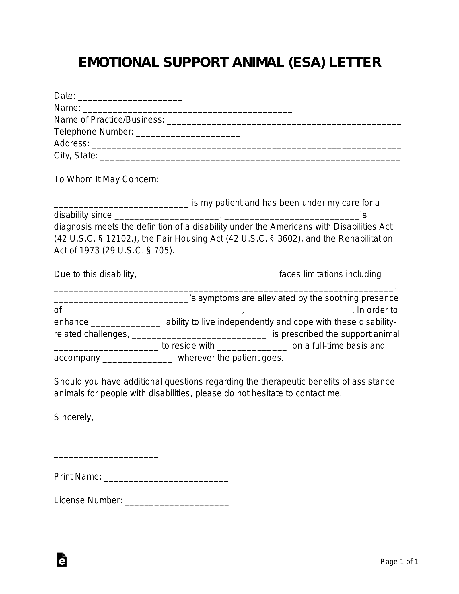 Free Emotional Support Animal (ESA) Letter Template PDF Word